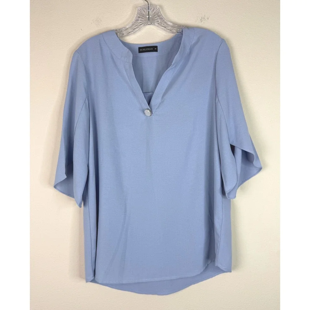 FUNLINGO Blouse Women Medium Blue V-Neck Button Short Sleeve Pleated Back Top